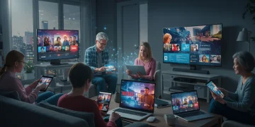 Diverse U.S. audience engaging with multiple digital screens, showcasing modern content consumption.