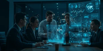 US business leaders analyzing competitive intelligence data in a futuristic boardroom.