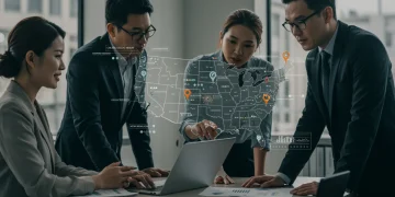 Business team planning US market entry strategy for Q2 2025 on a digital map.