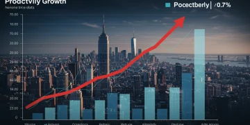 Graph showing a 0.7% increase in US productivity, symbolizing economic growth.
