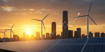 Solar panels and wind turbines symbolizing US renewable energy growth