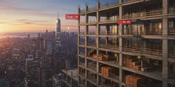 Modern skyscraper construction in the U.S. with digital cost analysis overlays.