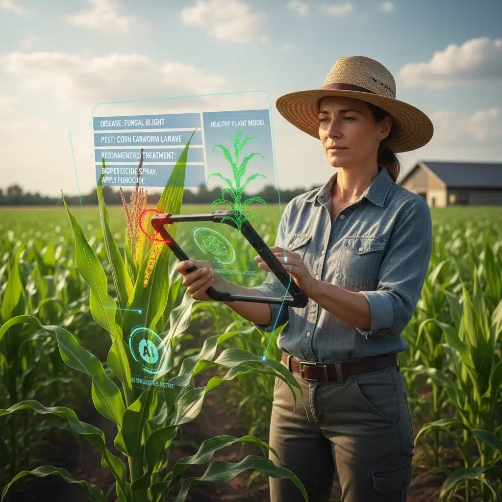 Agricultor utilizando dispositivo com realidade aumentada (RA) para identificar pragas e doenças em lavoura, com assistência de IA.