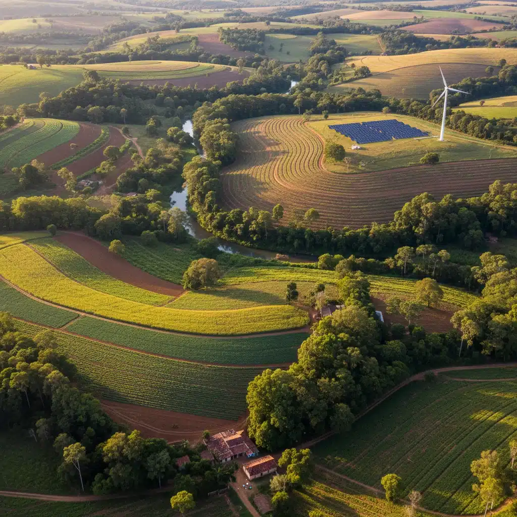 Paisagem agrícola sustentável no Brasil com sistemas agroflorestais e energia renovável