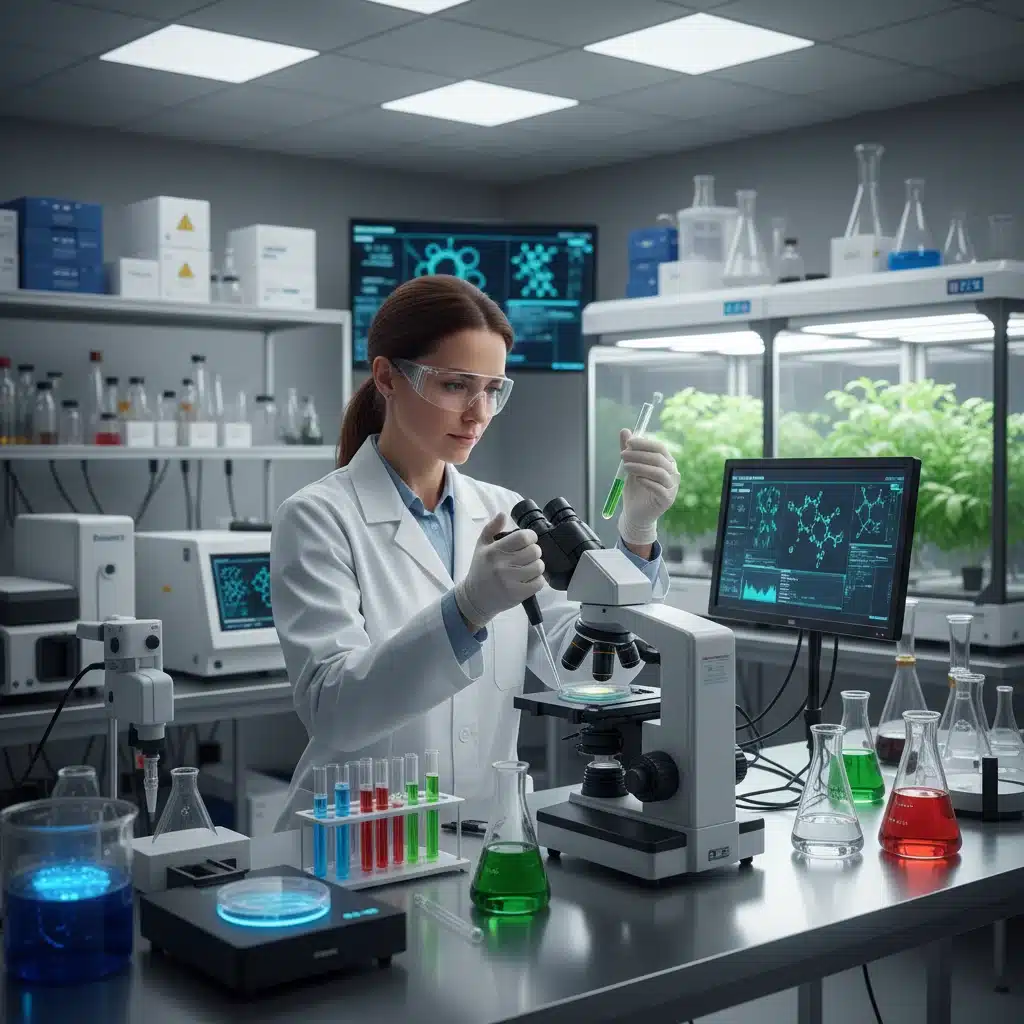 Cientista em laboratório moderno desenvolvendo biotecnologia avançada