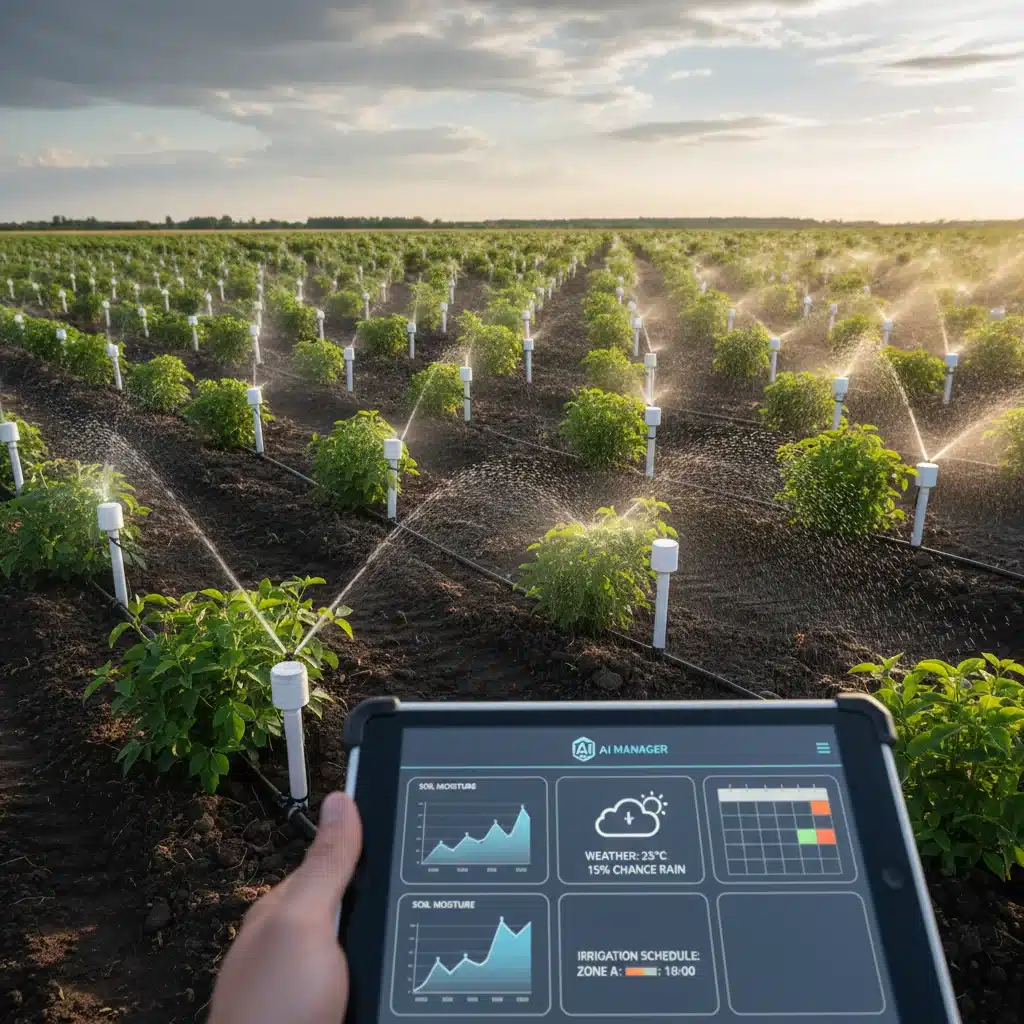 Sistema de irrigação inteligente em plantação, com sensores no solo e dados de umidade controlados por IA para otimização de água.