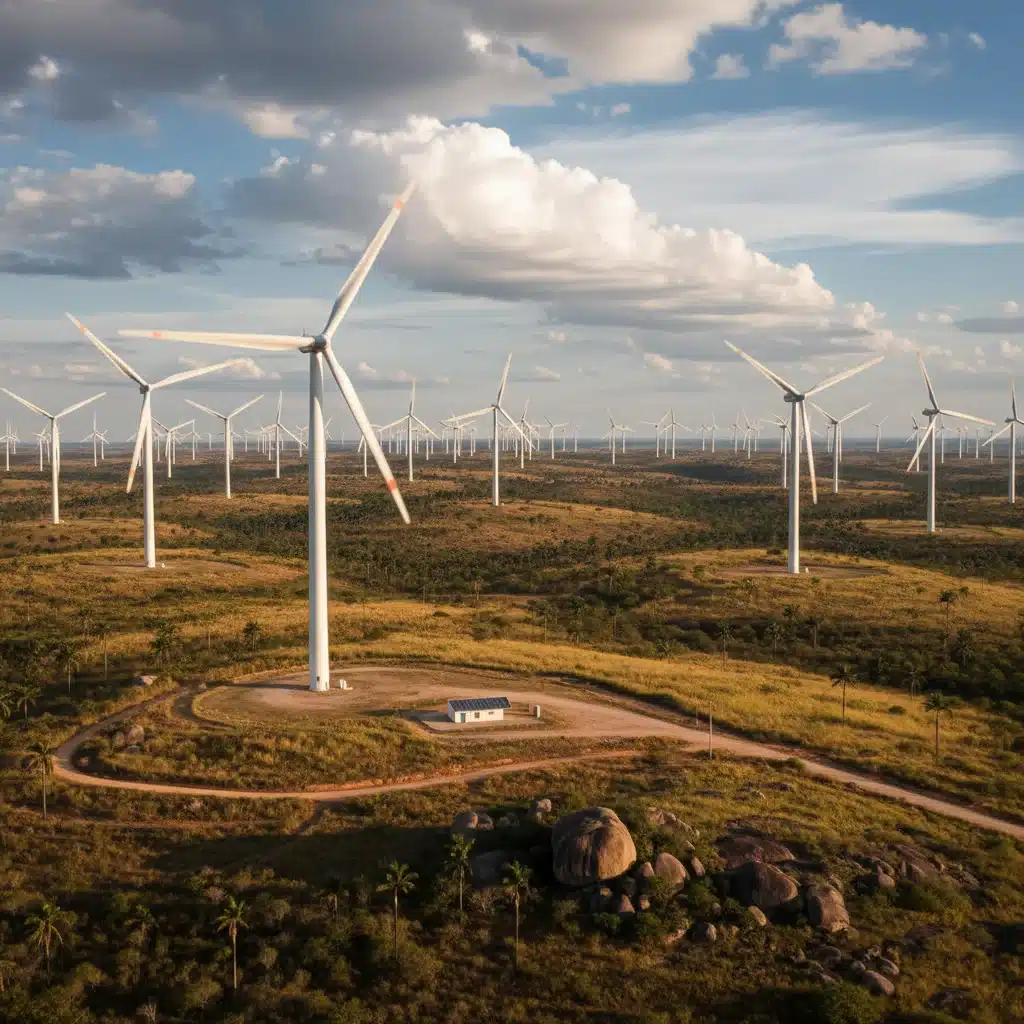Parque eólico com turbinas em movimento, capturando a energia dos ventos no Brasil.