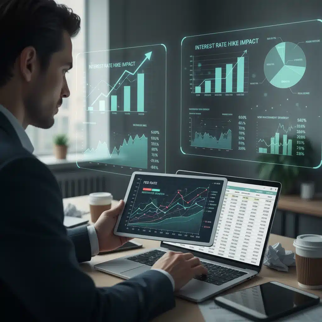 Pessoa analisando dados financeiros em tablet e laptop, planejando investimentos em cenário de Selic baixa.