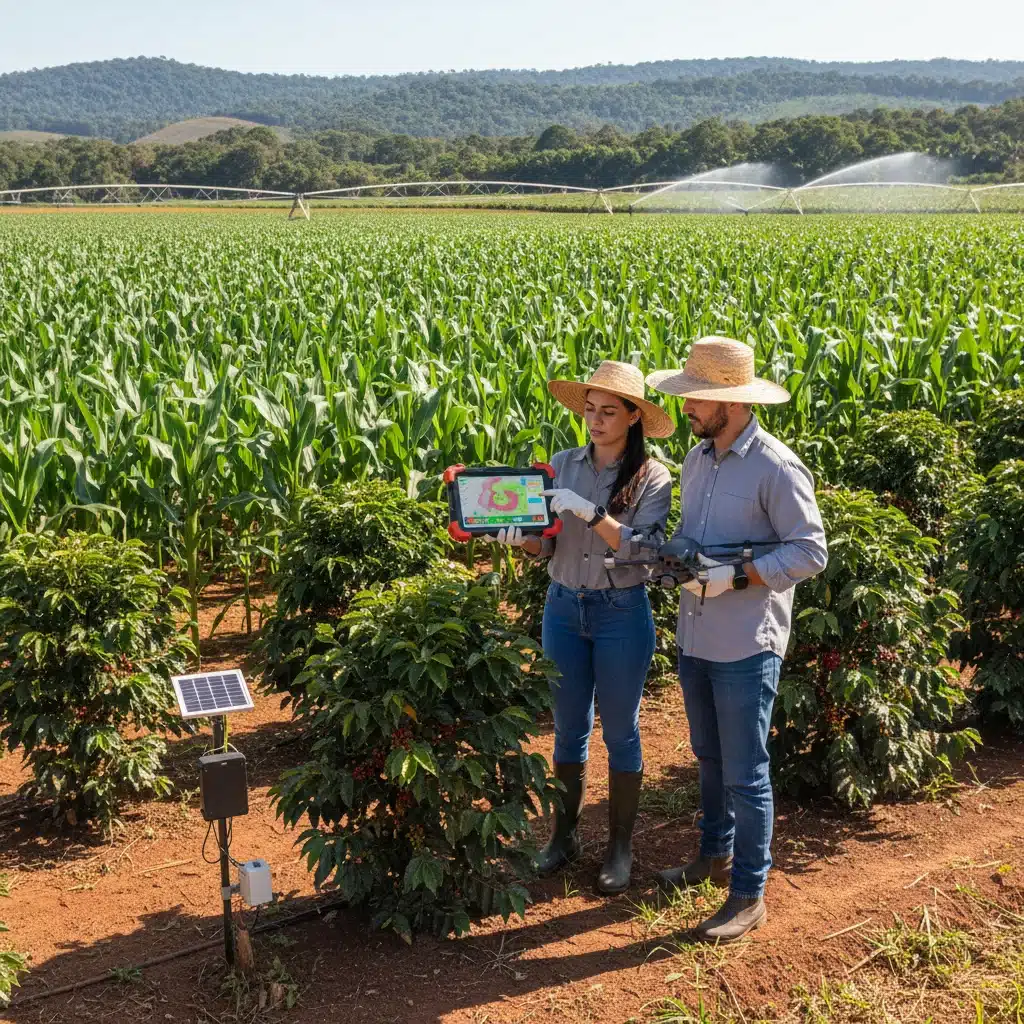 Agricultores utilizando tablets para monitoramento de lavouras e irrigação de precisão no Brasil.