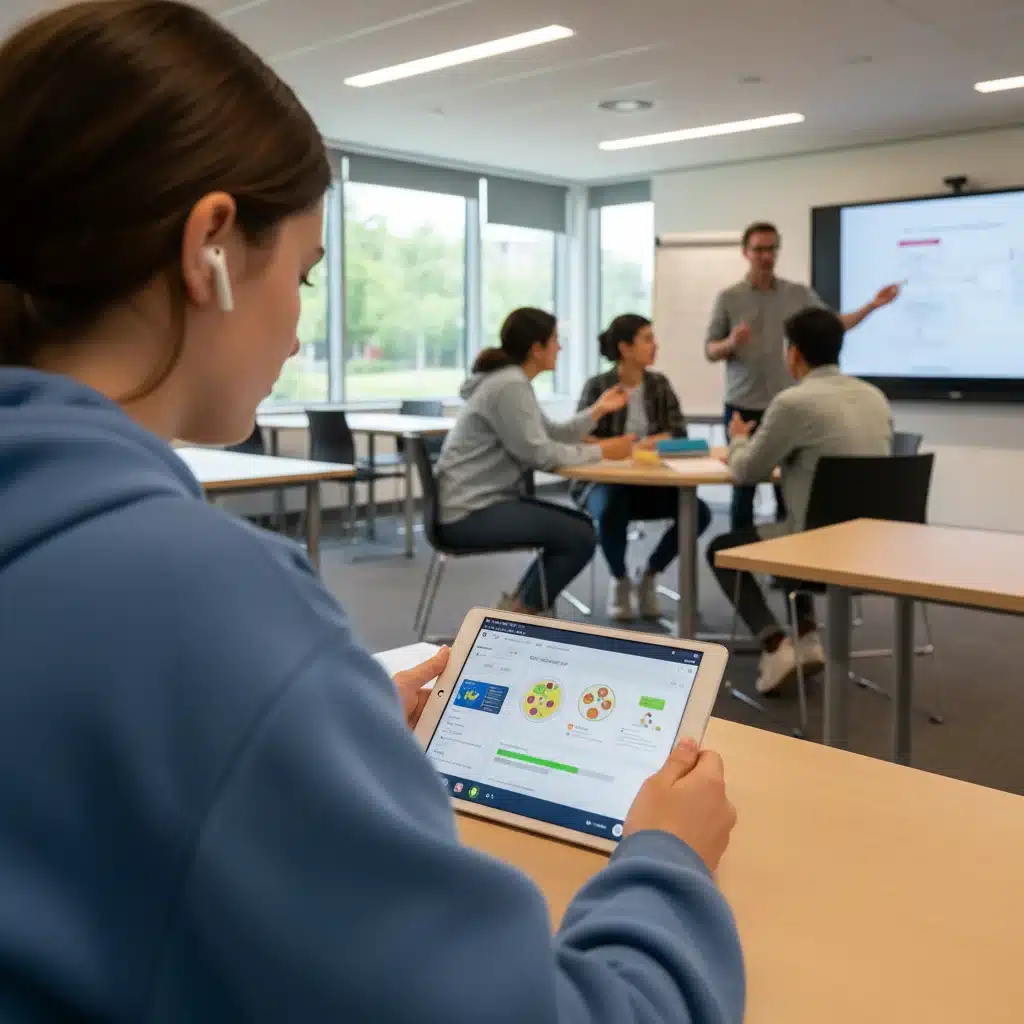 Estudante focado em aula online com tablet, enquanto colegas interagem em sala de aula física.