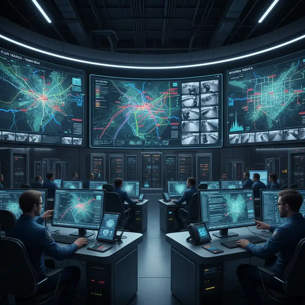 Sala de controle moderna monitorando dados urbanos em tempo real para gestão de cidades inteligentes.