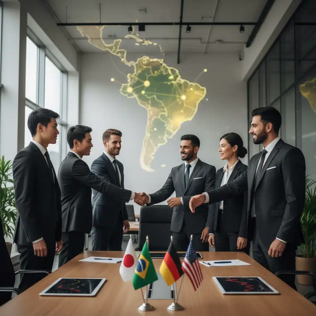 Executivos internacionais apertando as mãos, representando colaboração e investimento estrangeiro direto no Brasil.