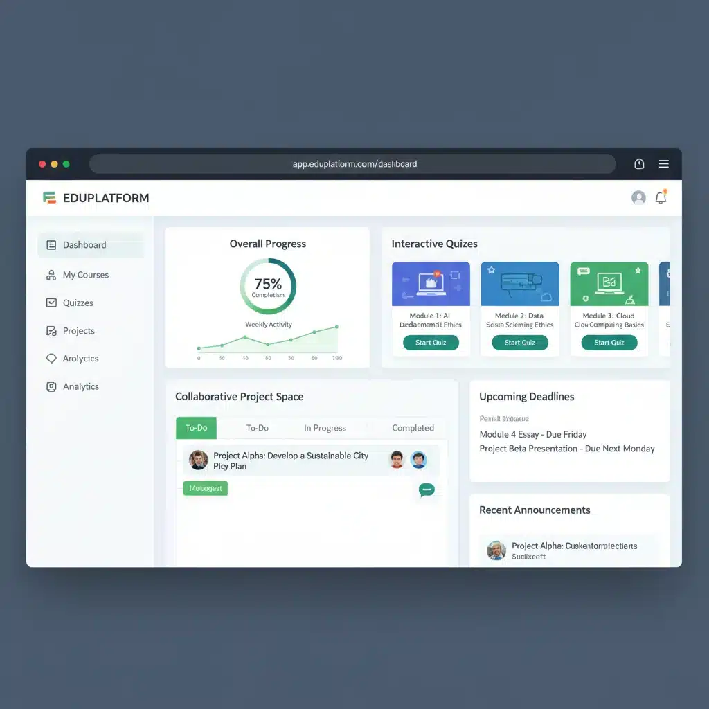 Interface de plataforma de gestão de aprendizado (LMS) com recursos interativos e acompanhamento de progresso.