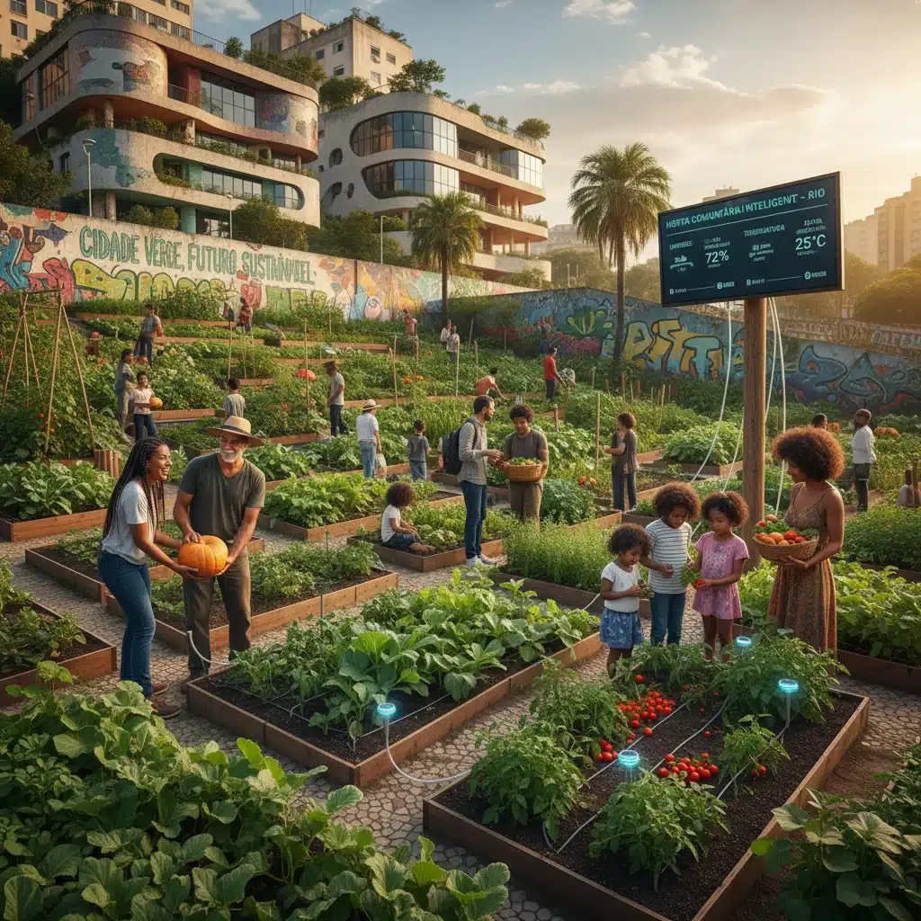 Horta comunitária urbana com sensores inteligentes e pessoas interagindo, exemplificando sustentabilidade em cidades inteligentes.