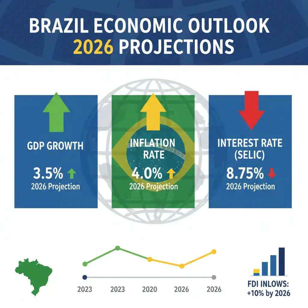 Infográfico com indicadores econômicos chave do Brasil, incluindo projeções de crescimento do PIB e IED para 2026.