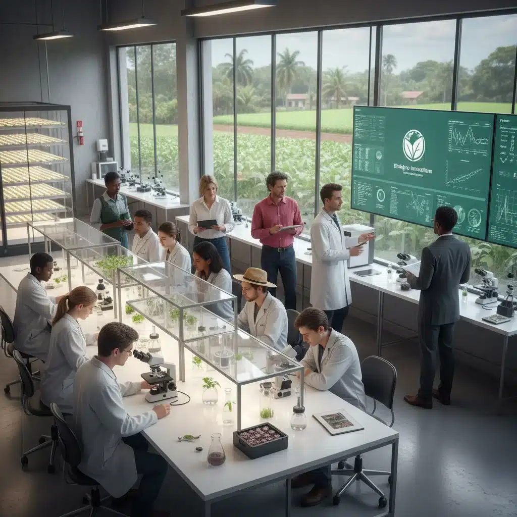 Equipe de pesquisadores e agrônomos em laboratório de pesquisa agrícola no Brasil, focando em sustentabilidade.